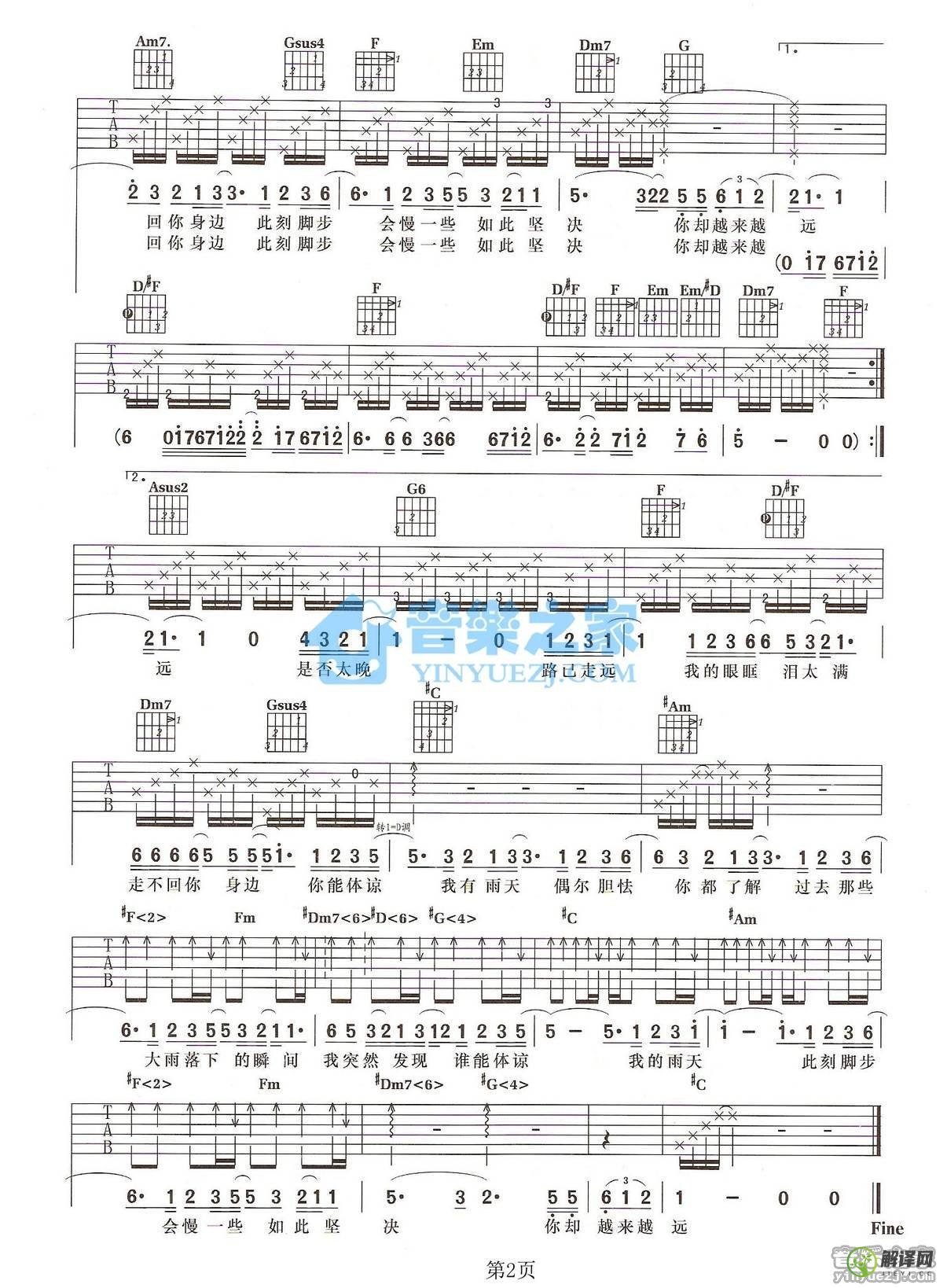 雨天吉他谱,孙燕姿原版C调精选版,简单弹唱教学指弹简谱图,音乐之家版