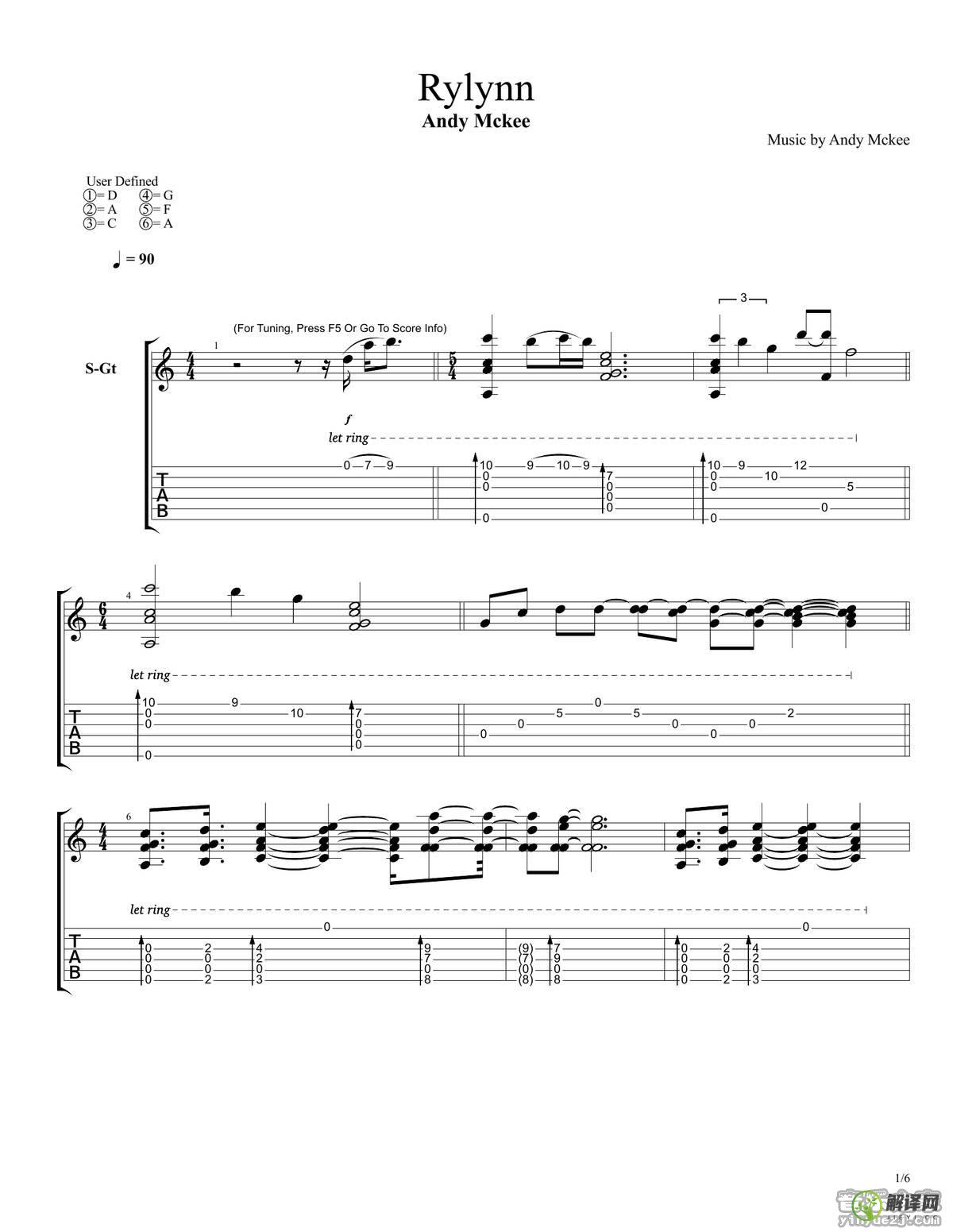 rylynn指弹谱,AndyMcKee原版D调六线谱,简单弹唱教学指弹简谱图,音乐之家版