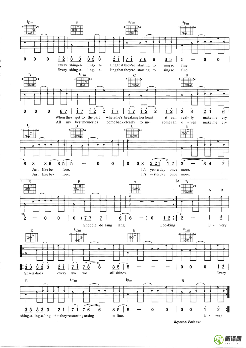 Yesterday,Carpenters原版OnceMore吉他谱E调六线谱,简单弹唱教学指弹简谱图,网络转载版