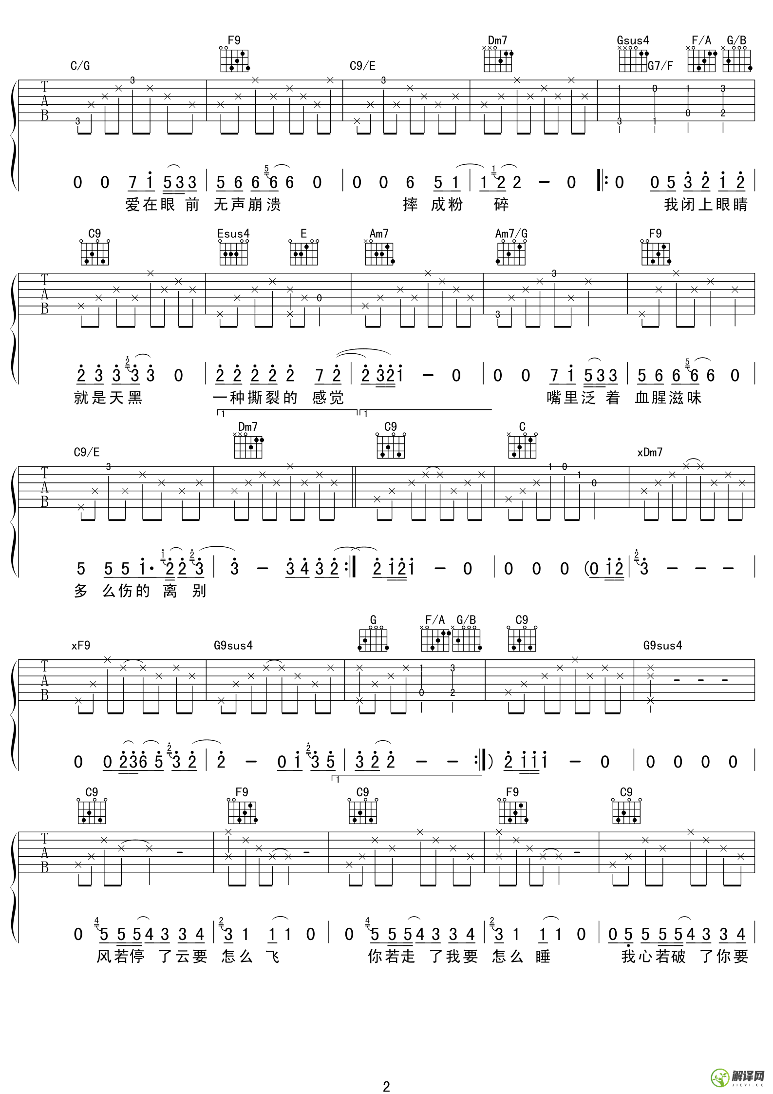 天黑吉他谱,阿杜原版E调高清版,简单弹唱教学指弹简谱图,17吉他版