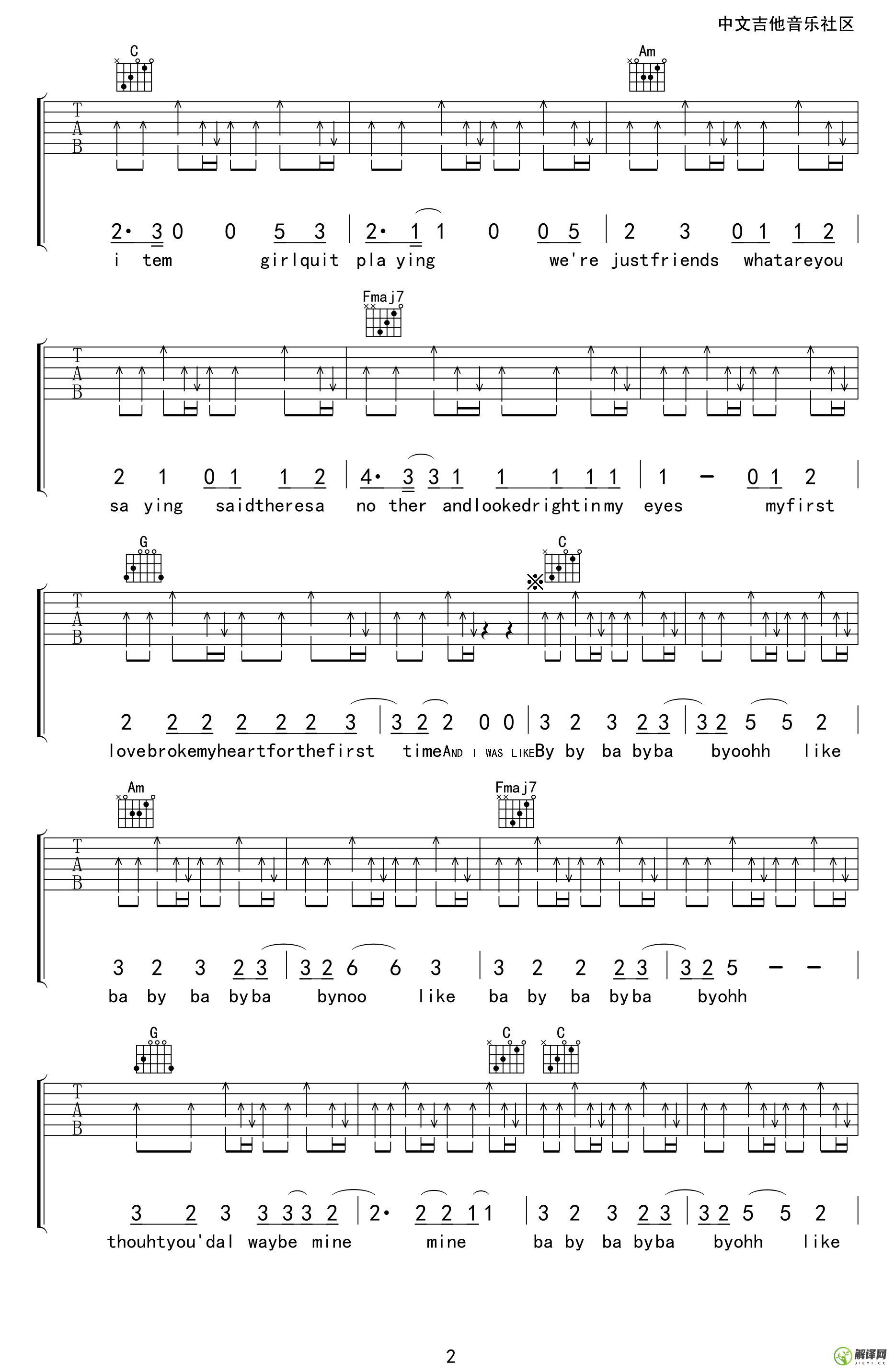 Baby吉他谱,JustinBieber原版E调精选版,简单弹唱教学指弹简谱图,17吉他版