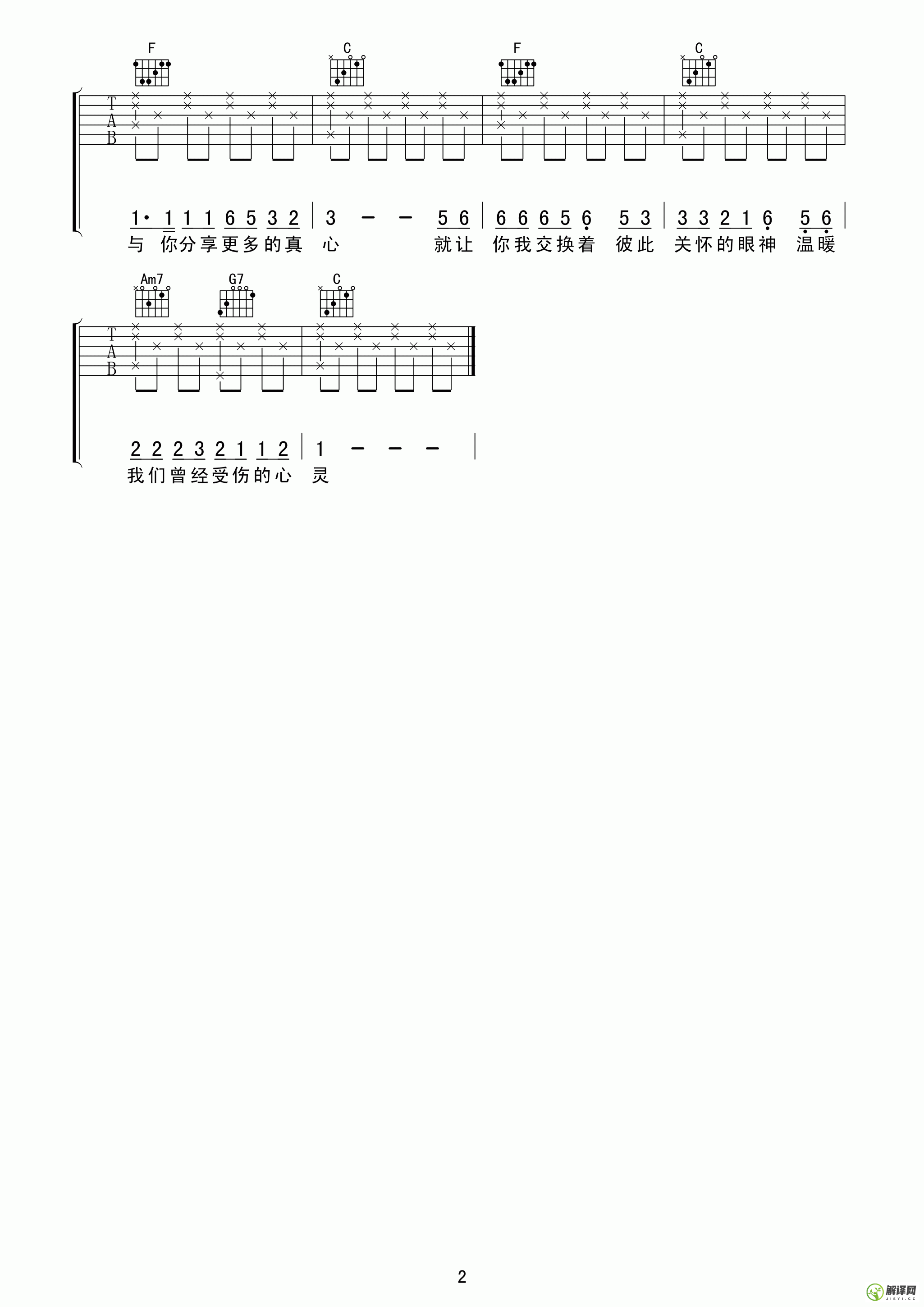 王杰19944吉他谱,王杰原版C调六线谱,简单弹唱教学指弹简谱图,网络转载版