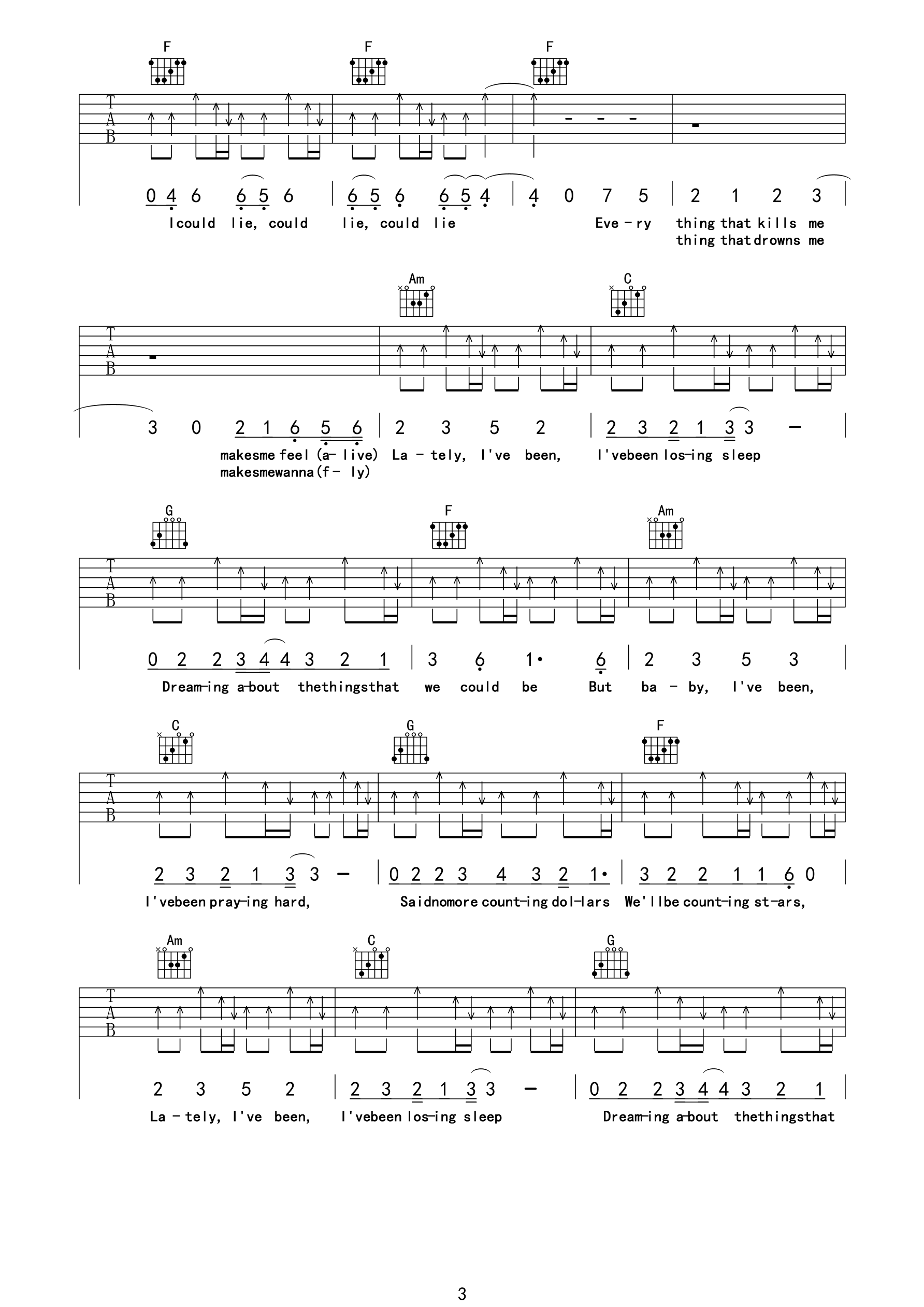 Counting,OneRepublic原版Stars吉他谱E调,简单弹唱教学指弹简谱图,船长与柴郡猫版