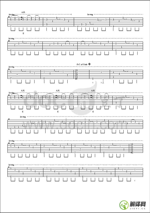 Yukata吉他指弹谱,城直树原版E调,简单弹唱教学指弹简谱图,豆丁网版