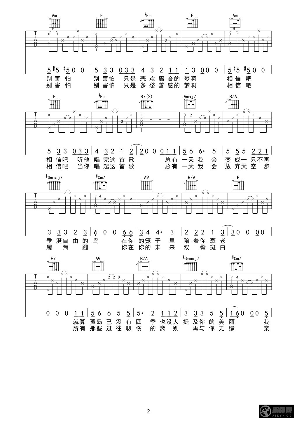 孤鸟的歌吉他谱,马頔原版E调简单版,简单弹唱教学指弹简谱图,网络转载版