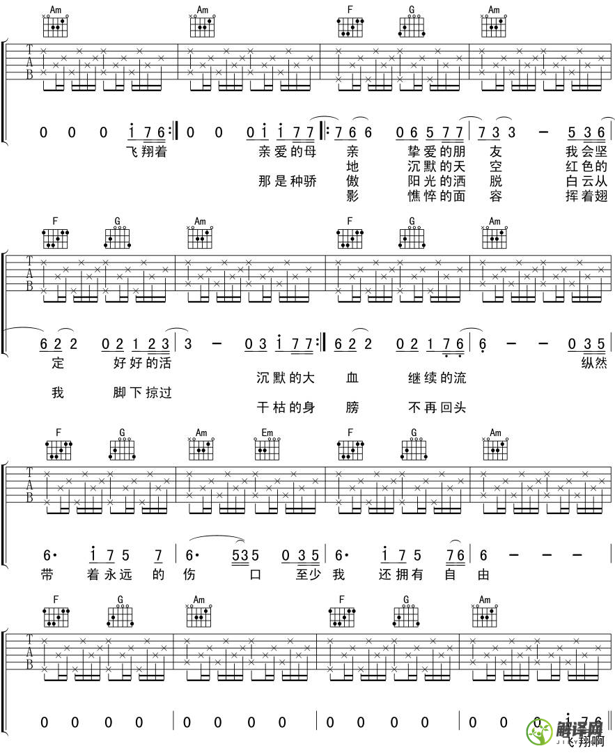 白鸽吉他谱,伍佰原版C调,简单弹唱教学指弹简谱图,刘传版