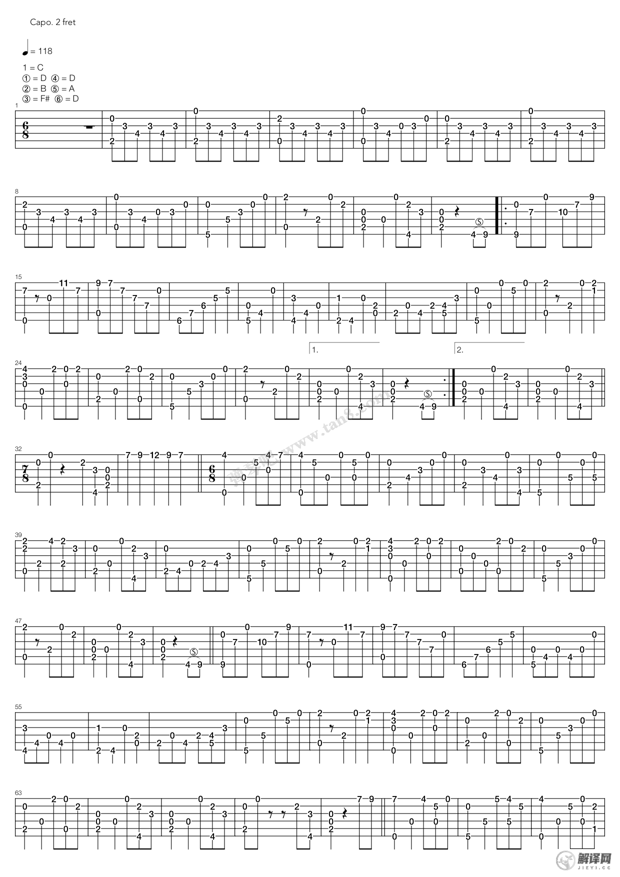 kujira鲸吉他谱,原版歌曲,简单C调弹唱教学,六线谱指弹简谱2张图