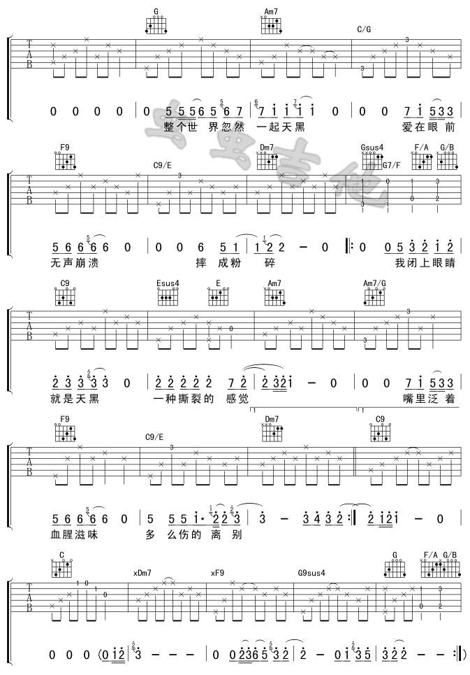 天黑吉他谱,原版歌曲,简单E调弹唱教学,六线谱指弹简谱2张图