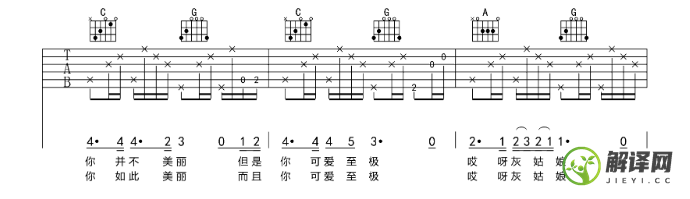 灰姑娘吉他谱,原版歌曲,简单G调弹唱教学,六线谱指弹简谱3张图