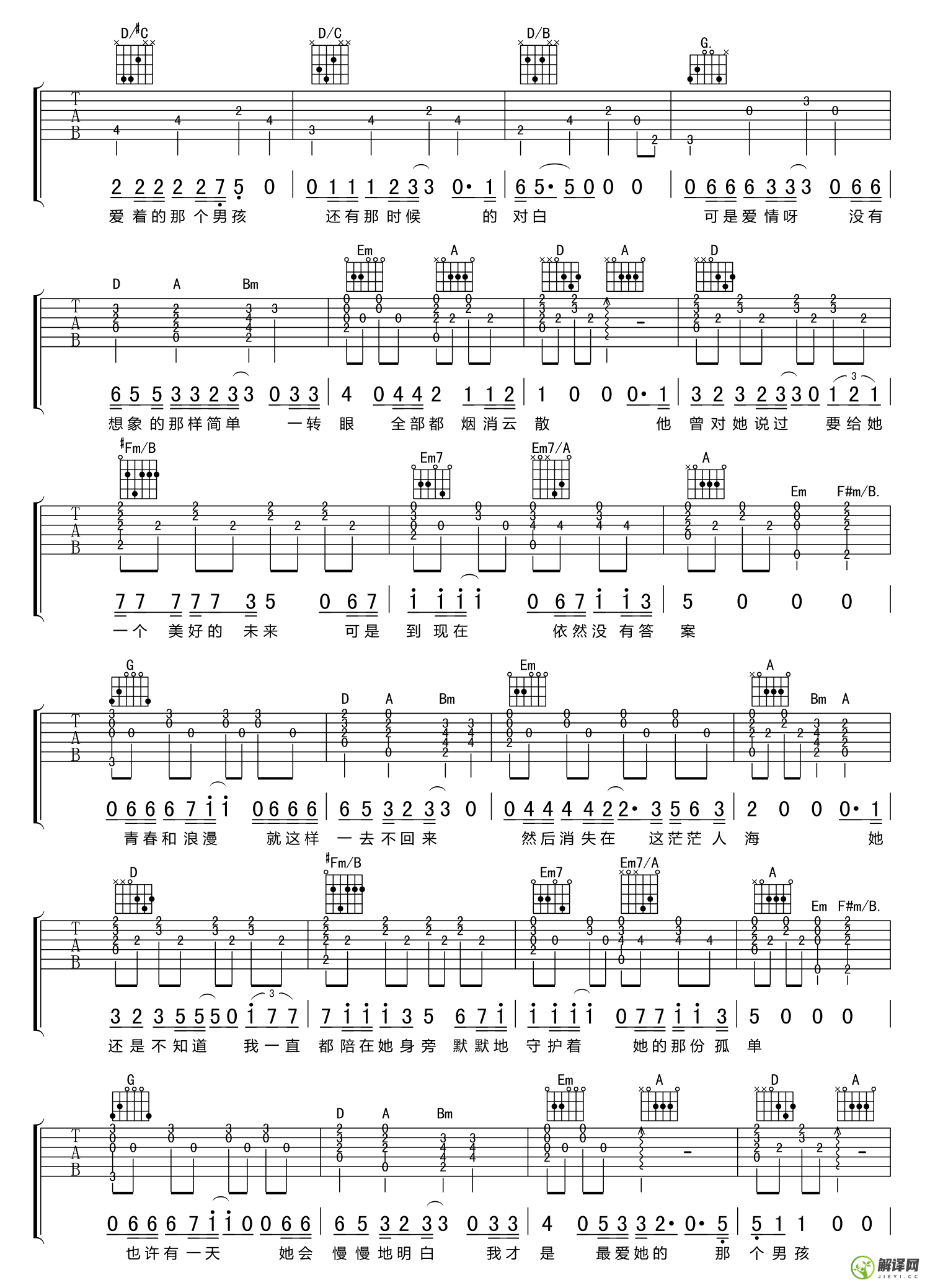 杜小曼吉他谱,原版歌曲,简单D调弹唱教学,六线谱指弹简谱5张图