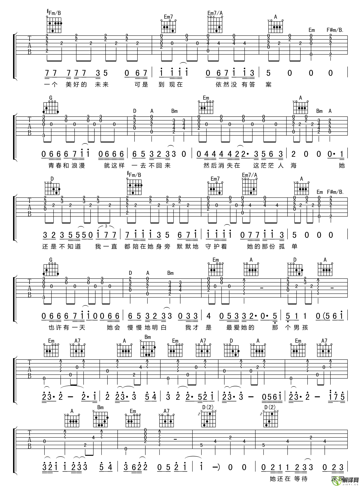 杜小曼吉他谱,原版歌曲,简单D调弹唱教学,六线谱指弹简谱5张图