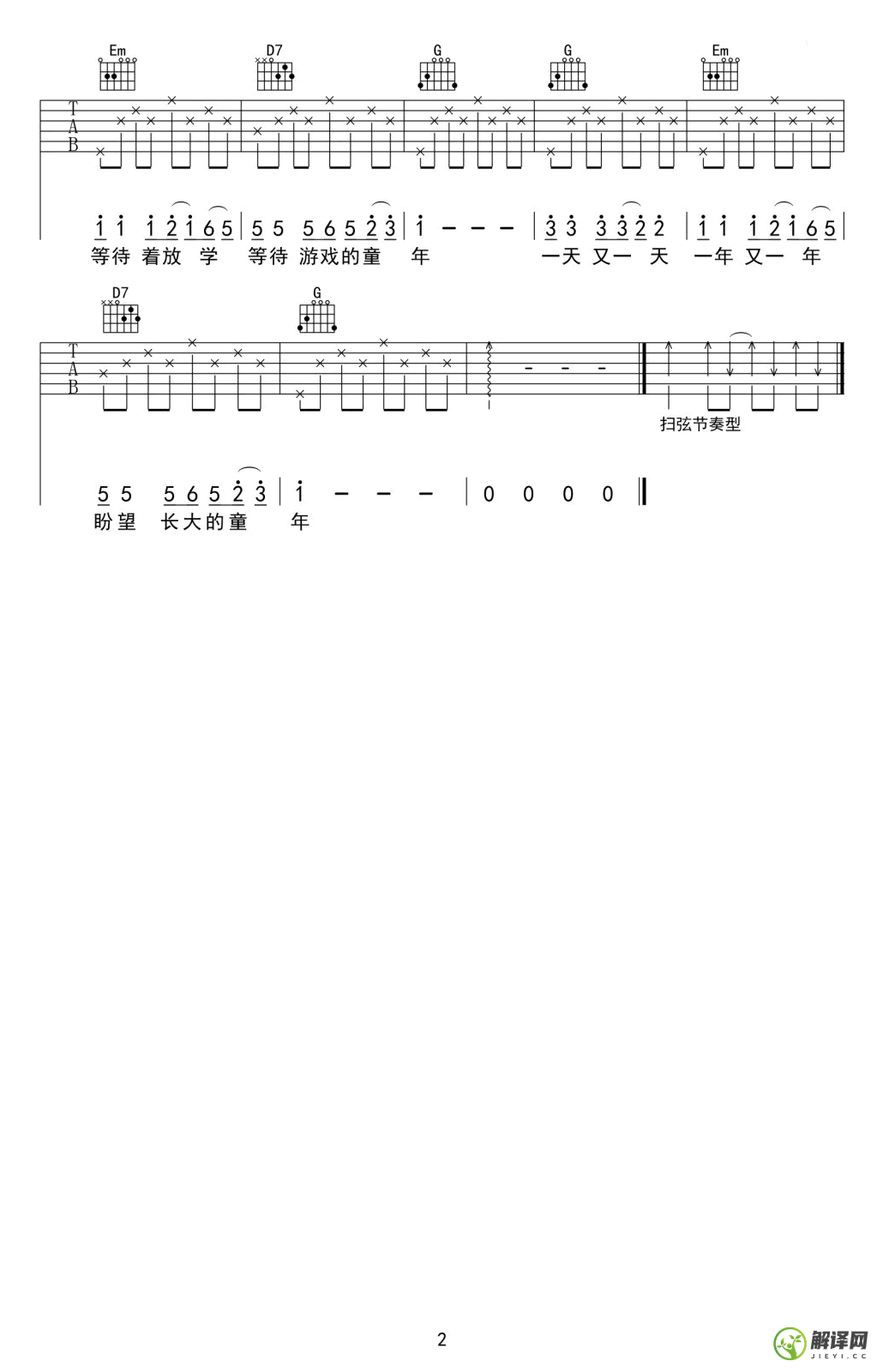 童年吉他谱,原版歌曲,简单G调弹唱教学,六线谱指弹简谱2张图