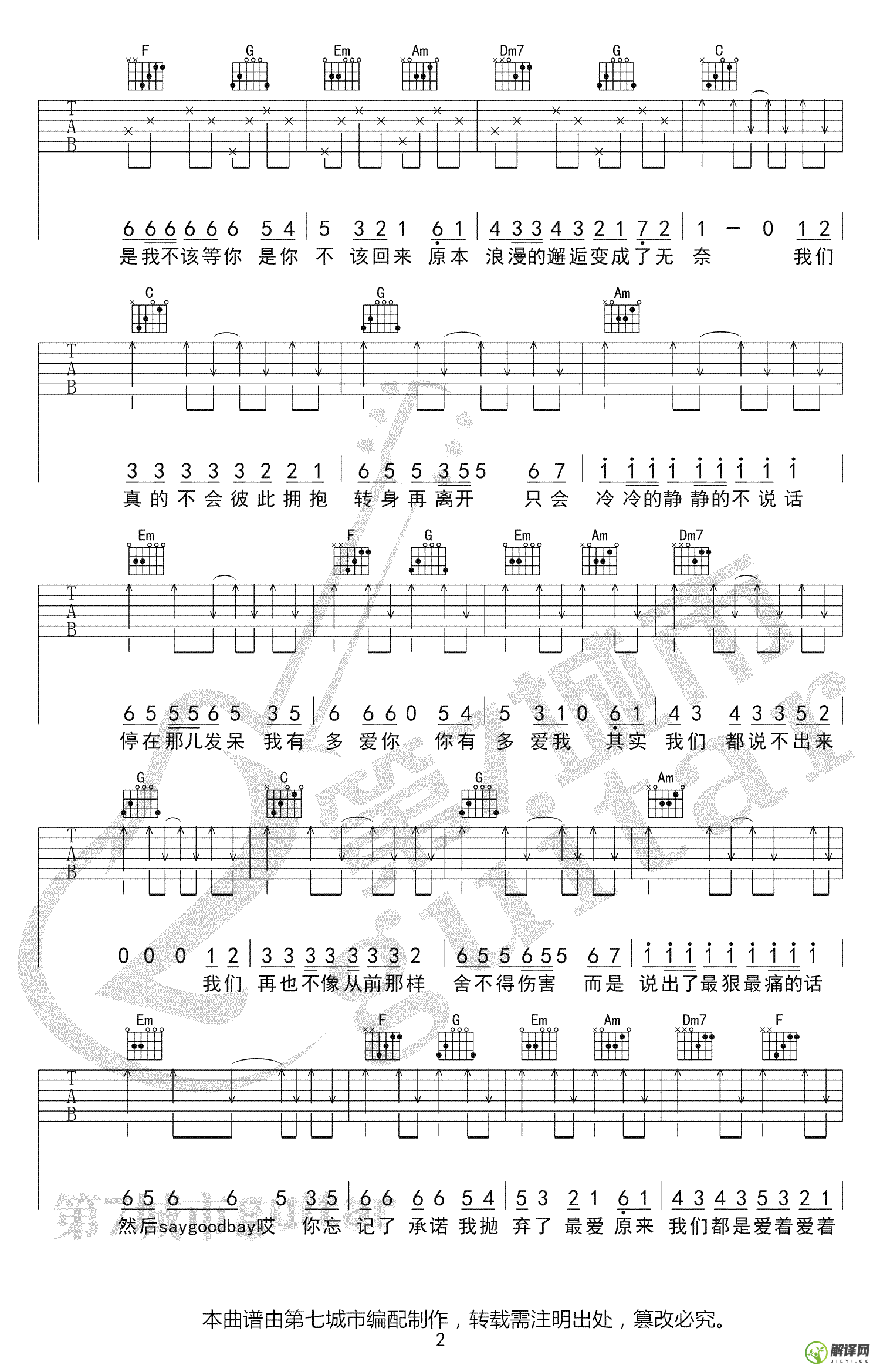 最后的人吉他谱,原版歌曲,简单F调弹唱教学,六线谱指弹简谱3张图
