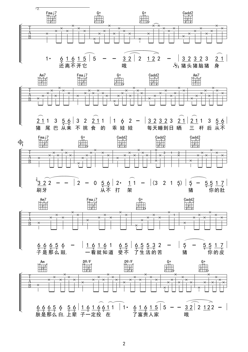 猪之歌吉他谱,原版歌曲,简单D调弹唱教学,六线谱指弹简谱2张图