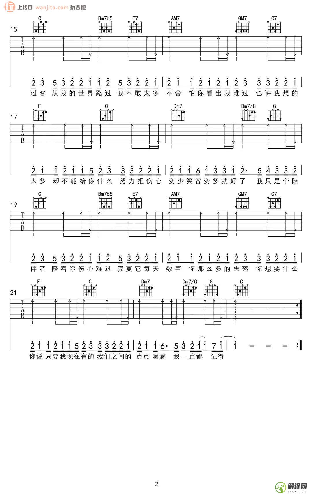 过客吉他谱,原版歌曲,简单C调弹唱教学,六线谱指弹简谱2张图