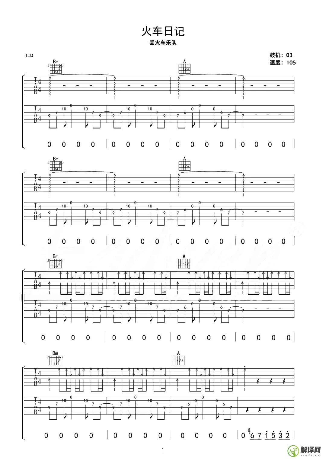 火车日记吉他谱,原版歌曲,简单D调弹唱教学,六线谱指弹简谱2张图